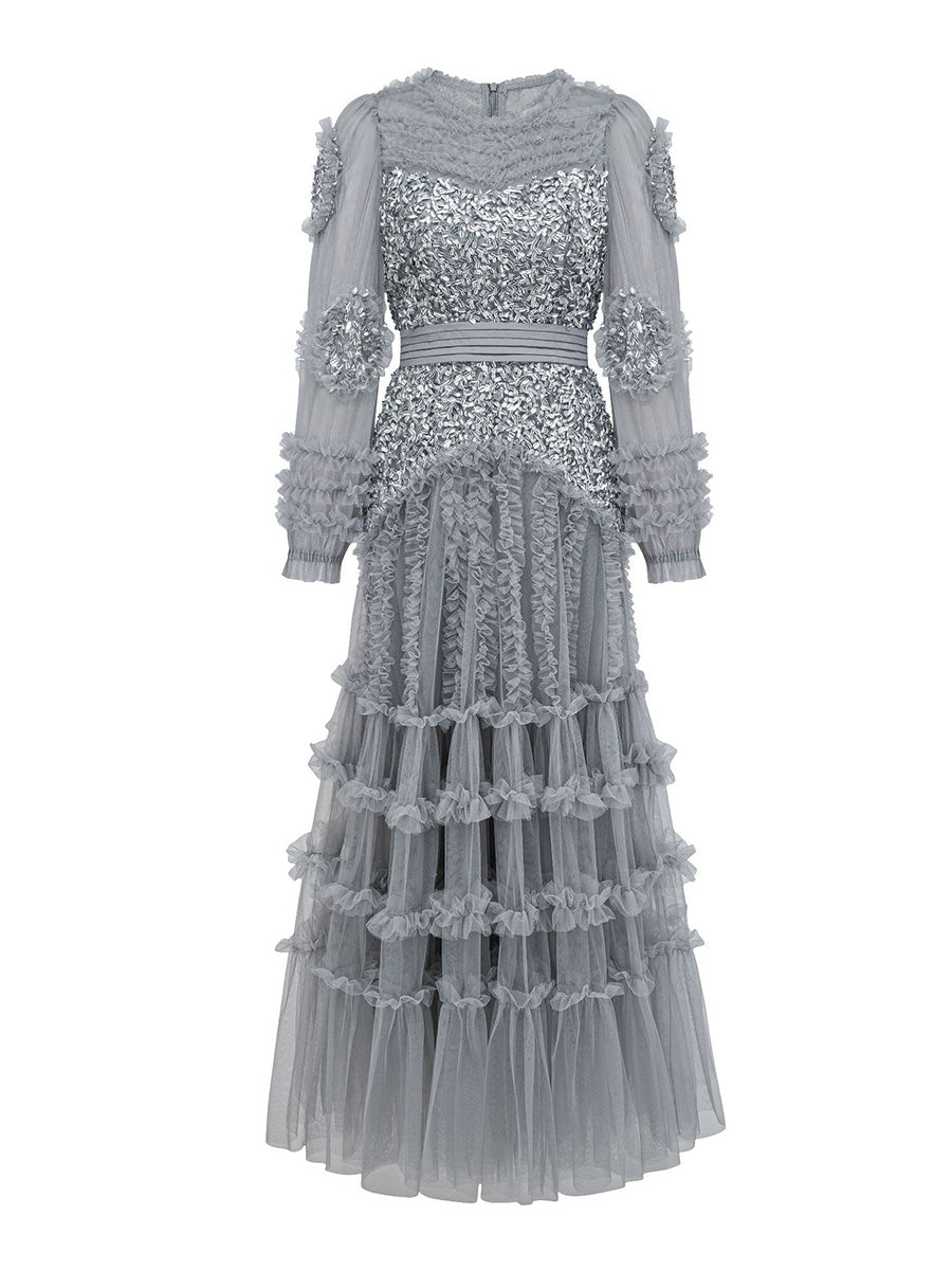 Elegant gray dress with sequin detailing on a white background