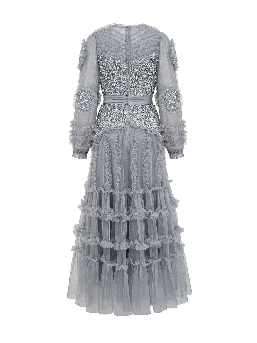 Pretty Silver Gray Ruffles Tulle Prom Dresses With Long Sleeves
