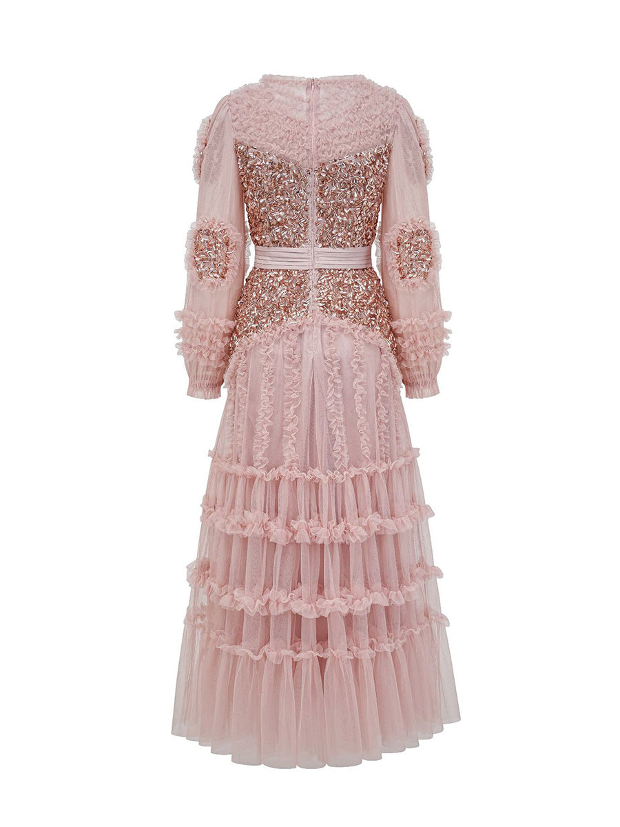 Beautiful Rose Gold Long Sleeves Sequin Tulle Ruffles Prom Dresses