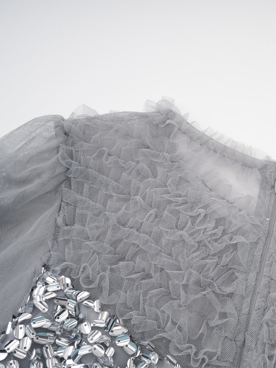 Pretty Silver Gray Ruffles Tulle Prom Dresses With Long Sleeves