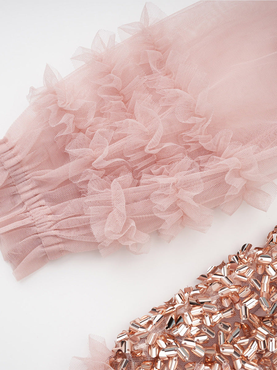 Beautiful Rose Gold Long Sleeves Sequin Tulle Ruffles Prom Dresses