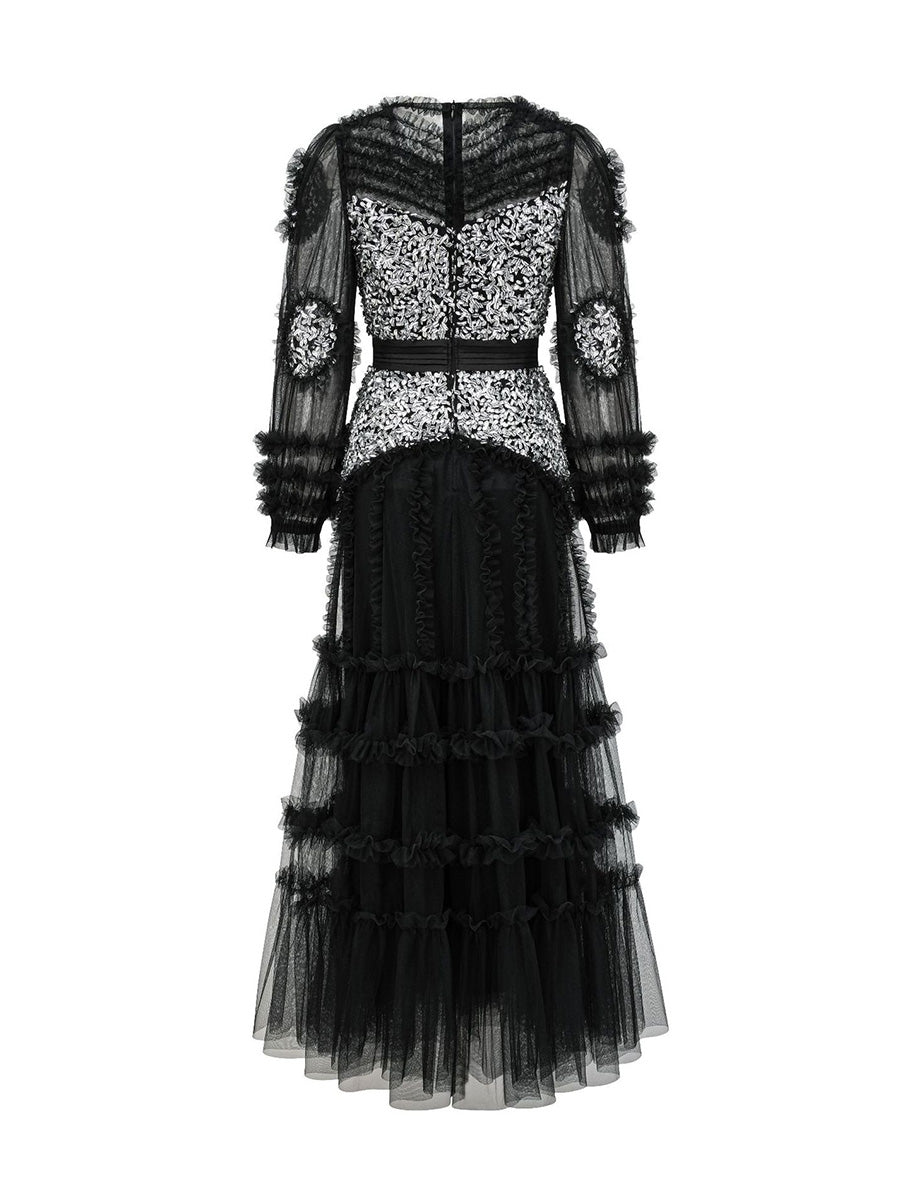 Black Tulle And Silver Sequin Long Sleeves Ruffles Prom Dresses
