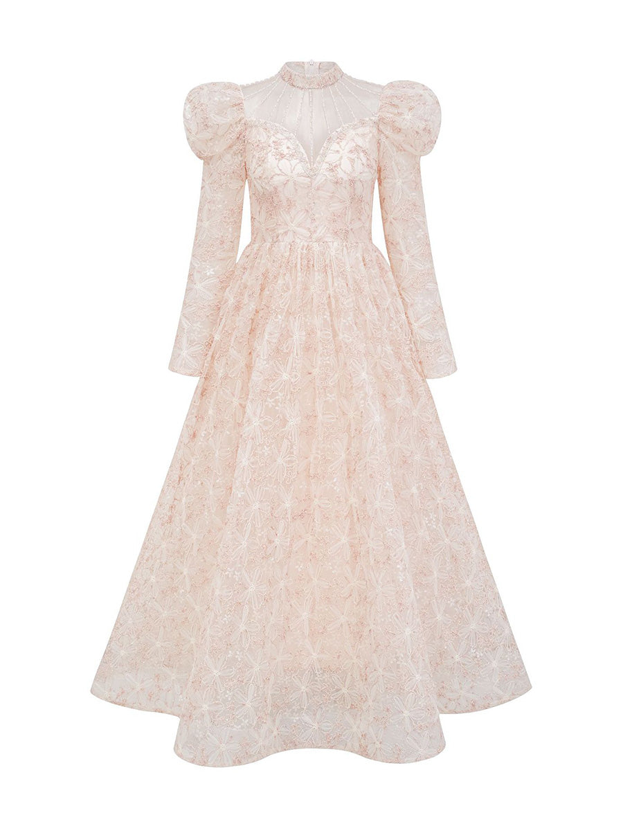 Apricot lace dress with puff sleeves on a white background
