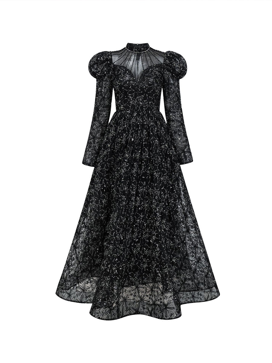 Charming Black Floral Lace A-line Prom Dresses With Puff Long Sleeves