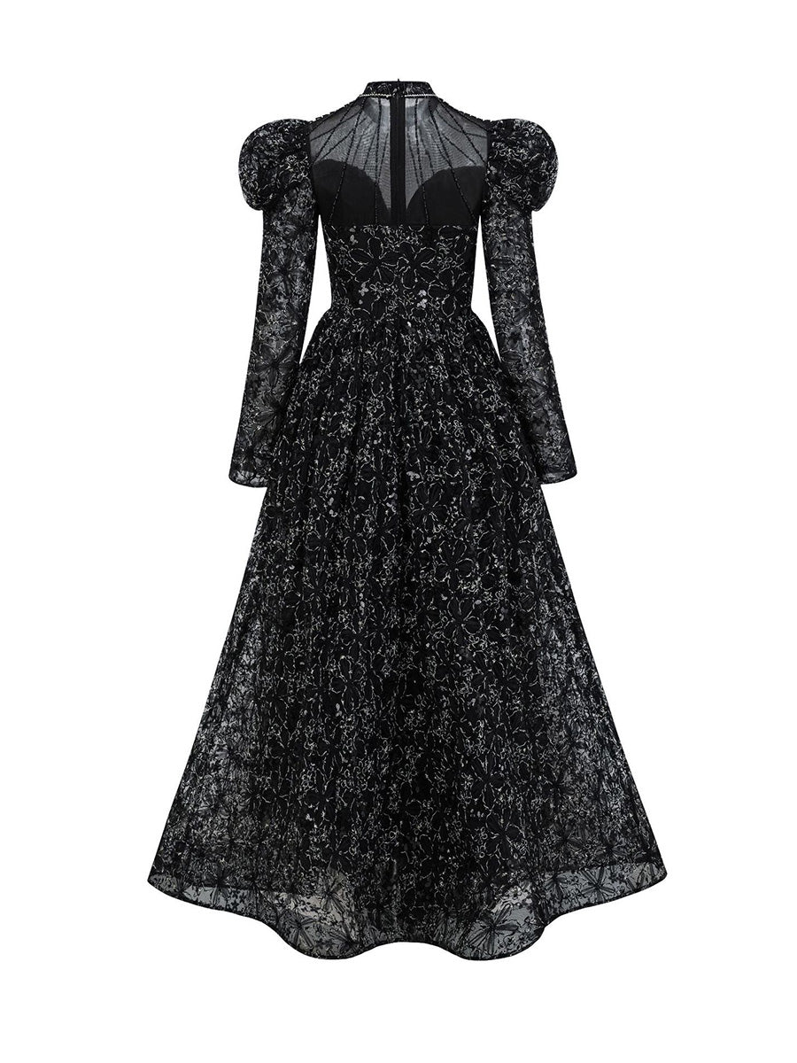 Charming Black Floral Lace A-line Prom Dresses With Puff Long Sleeves