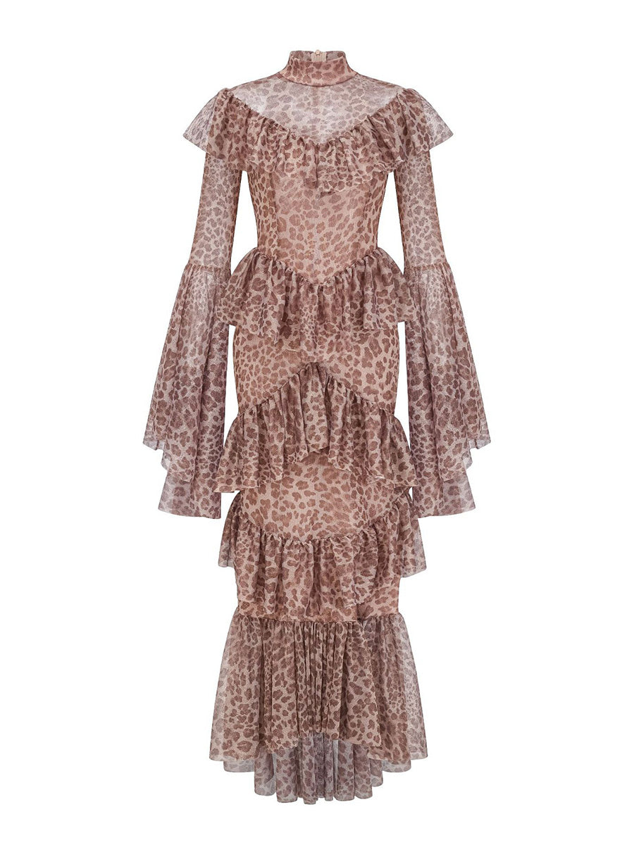 Leopard print dress with ruffled layers on a white background