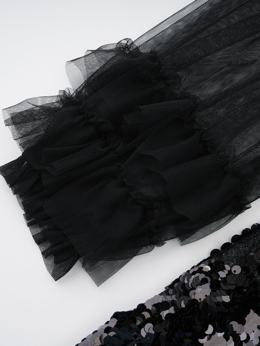 Formal Black Long Sleeves Ruffles Tulle Sequin Prom Dresses