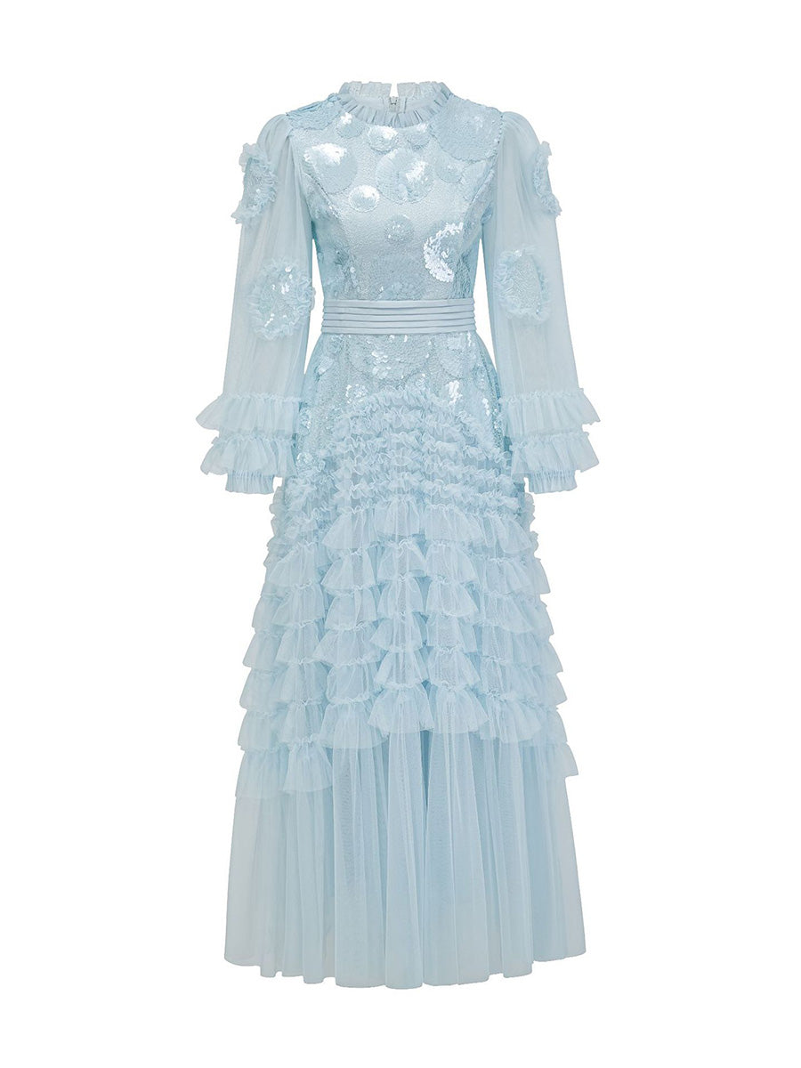 Light blue dress with ruffled layers on a white background