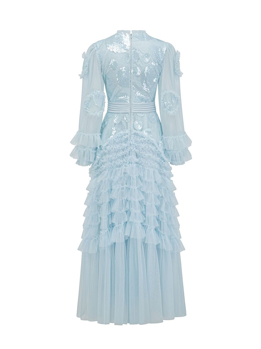 Elegant Ligh Blue Long Sleeves Ruffles Tulle Prom Dresses With Sequin Flowers