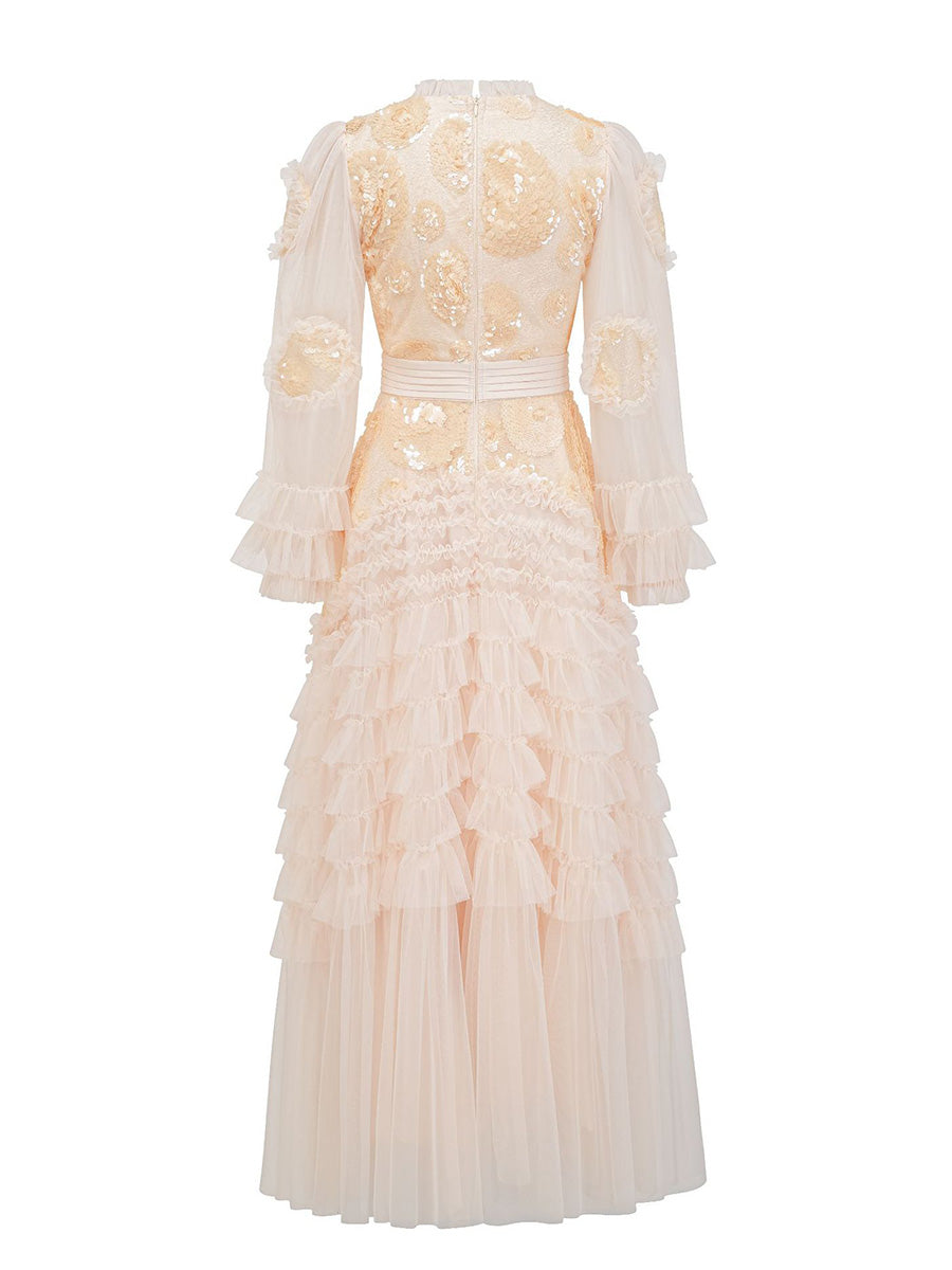 Pretty Ruffles Tulle Zipper Back Long Prom Dresses With Sleeves