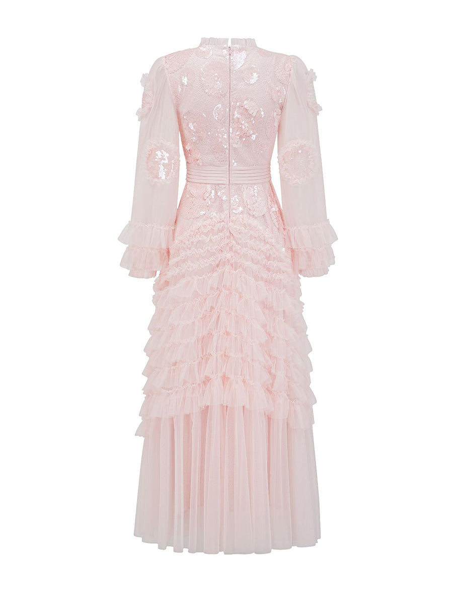 Pink Ruffles Tulle Long Sleeves Prom Dresses With Sequin Flower