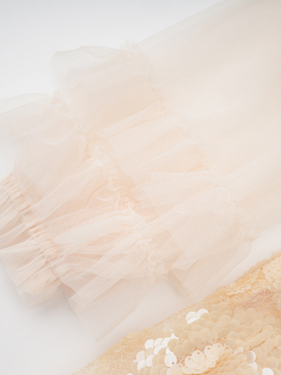 Pretty Ruffles Tulle Zipper Back Long Prom Dresses With Sleeves
