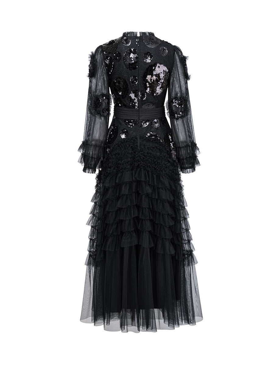 Formal Black Long Sleeves Ruffles Tulle Sequin Prom Dresses