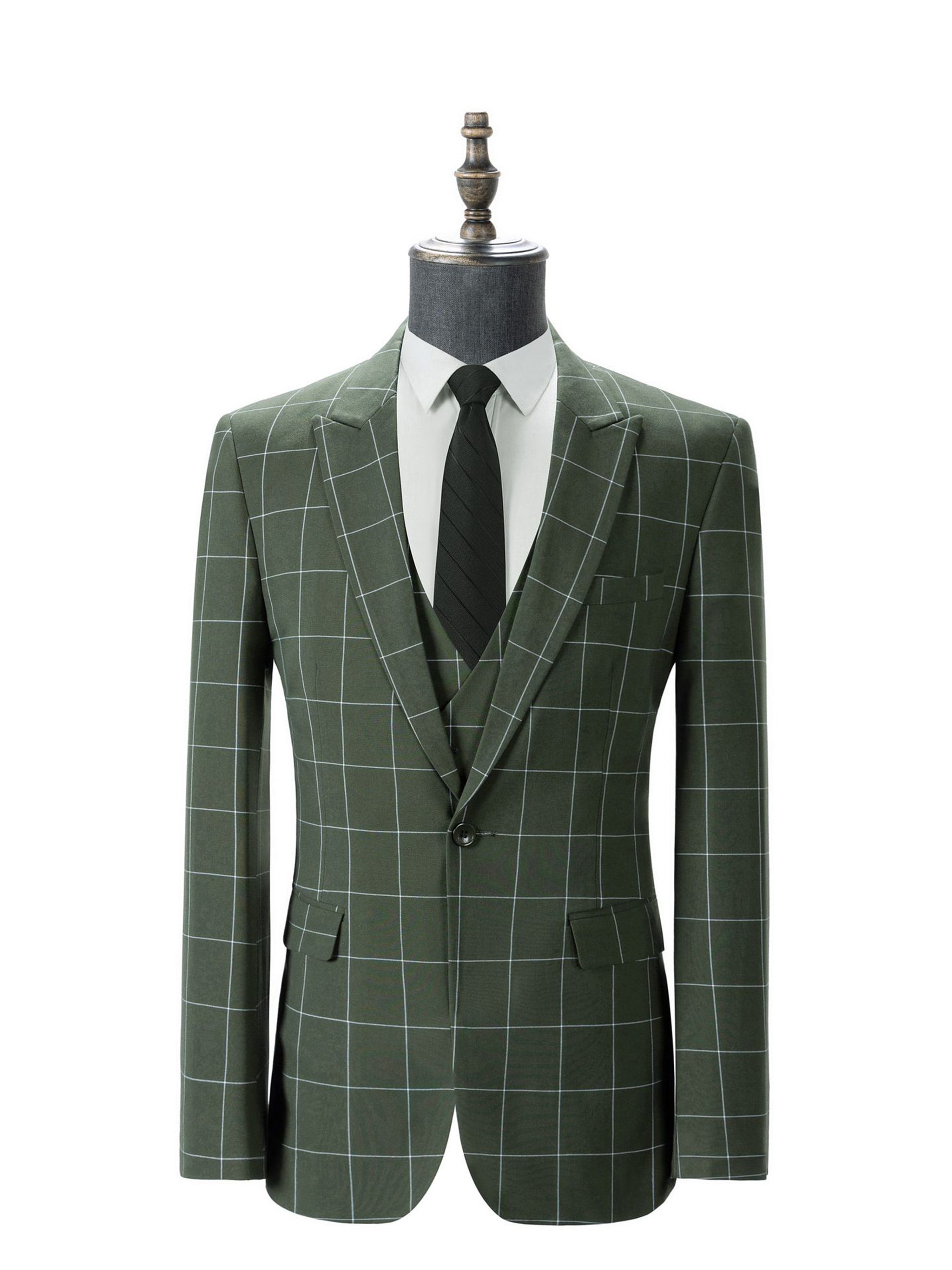 Casual Plaid 3 Pieces Slim Fit Double Breasted Vest Men's Suits