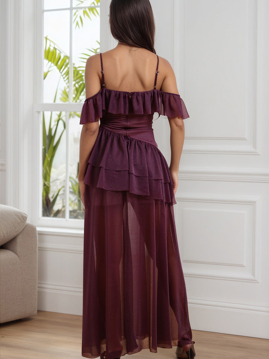 Simple Spaghetti Straps Grape Layers Sheer Tulle Prom Dresses