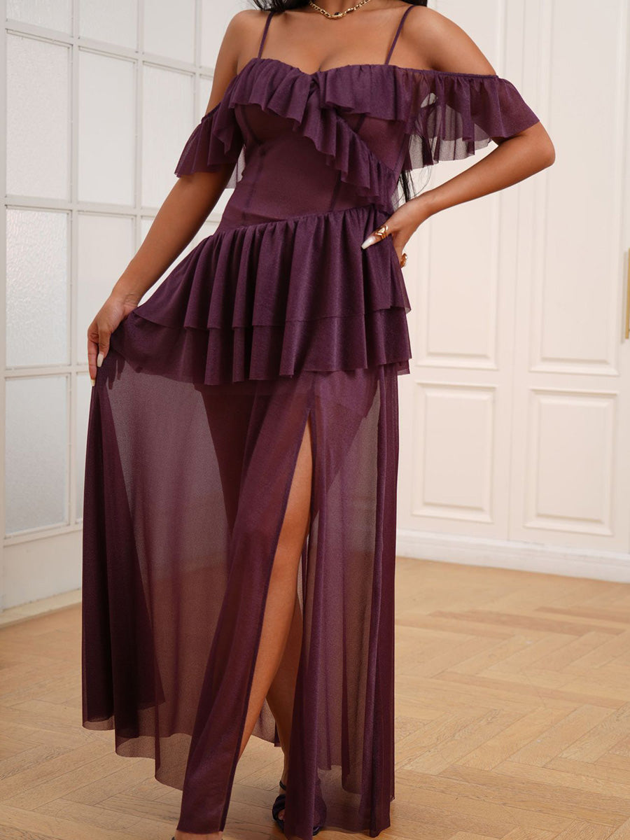 Simple Spaghetti Straps Grape Layers Sheer Tulle Prom Dresses