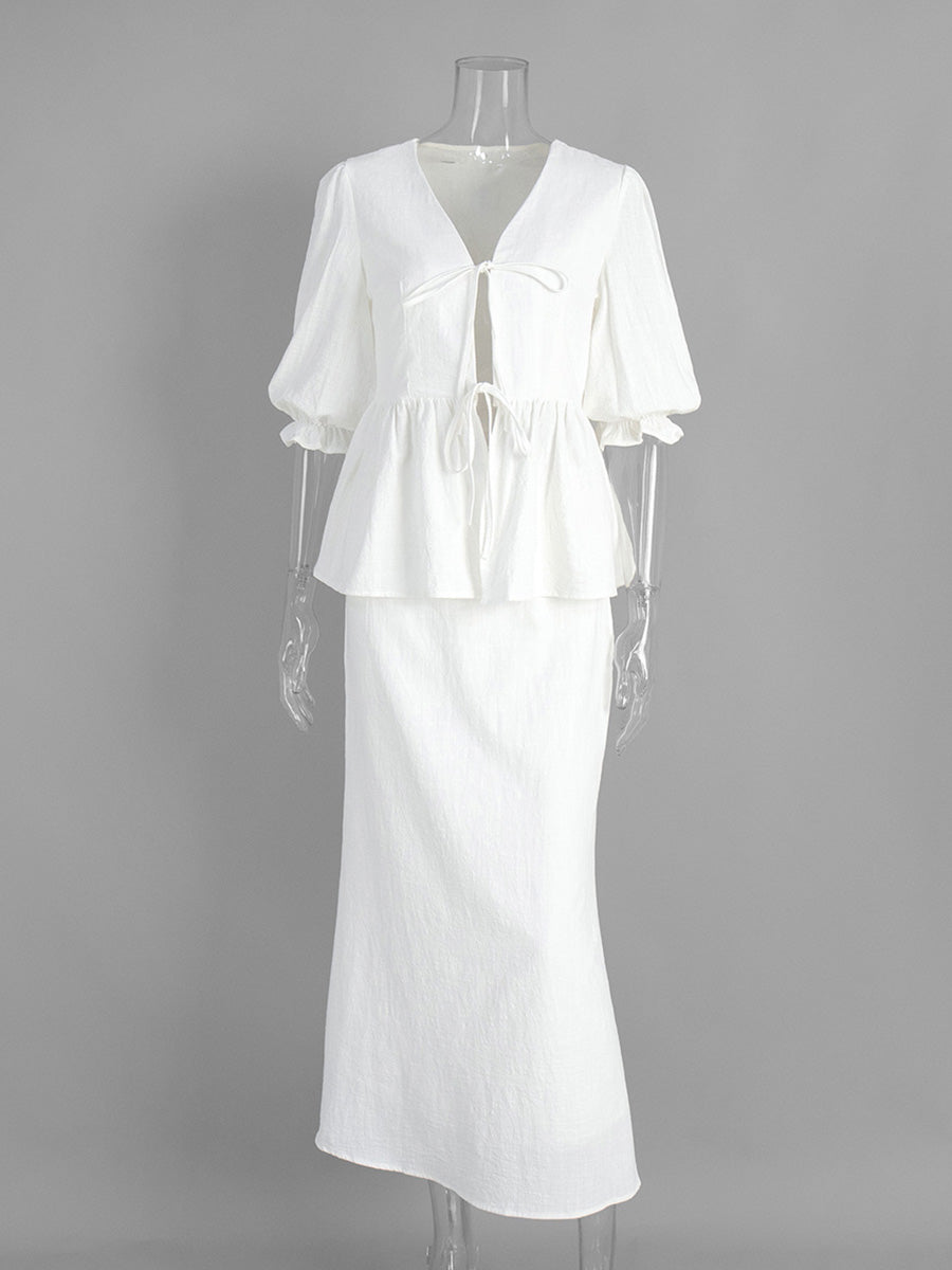 White V-Neck Short Sleeves Midi Skirt Ensemble Ruffled Wedding Guest Dresses Suits