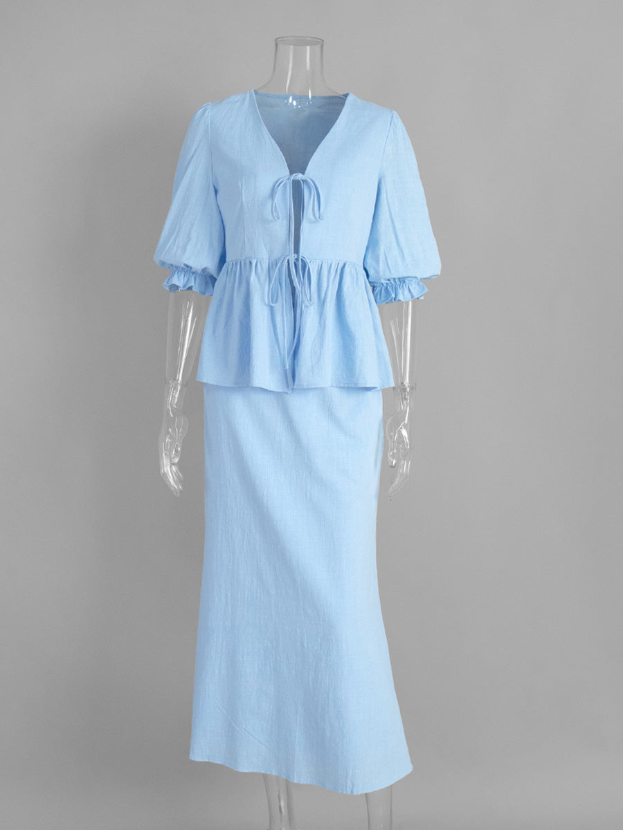 Sky Blue V-Neck Short Sleeves Midi Skirt Ensemble Ruffled Wedding Guest Dresses Suits
