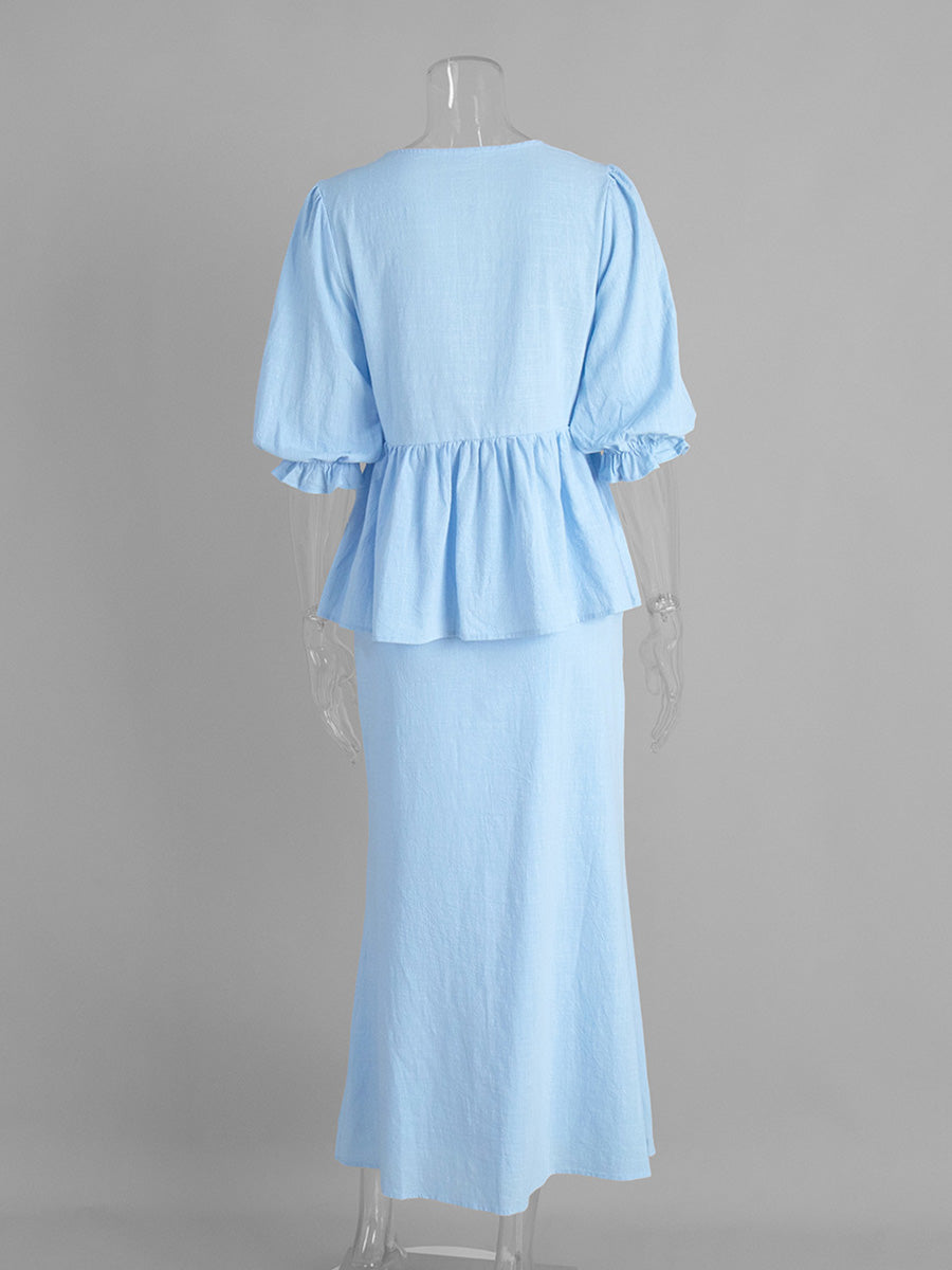 Sky Blue V-Neck Short Sleeves Midi Skirt Ensemble Ruffled Wedding Guest Dresses Suits