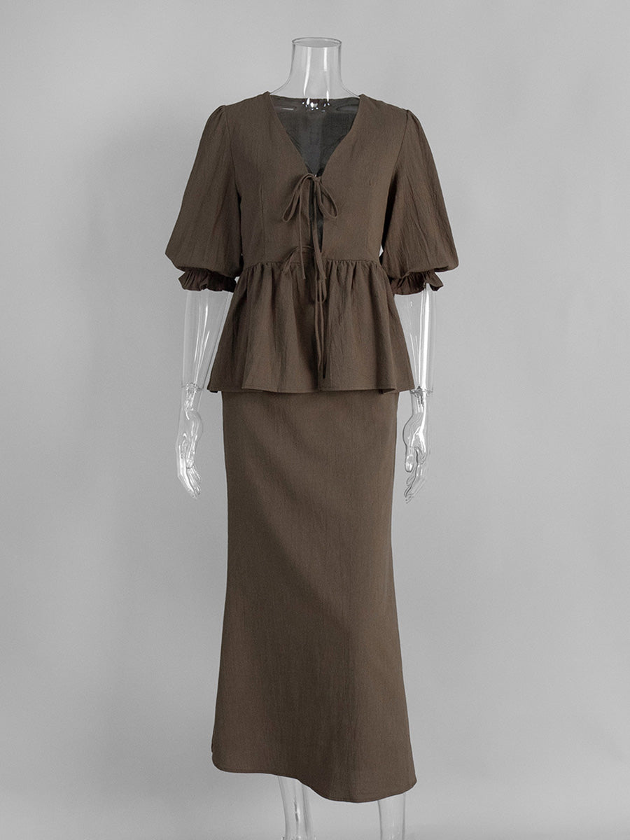 Brown V-Neck Short Sleeves Midi Skirt Ensemble Ruffled Wedding Guest Dresses Suits