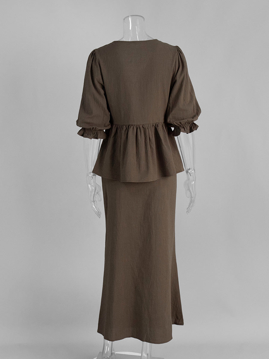 Brown V-Neck Short Sleeves Midi Skirt Ensemble Ruffled Wedding Guest Dresses Suits
