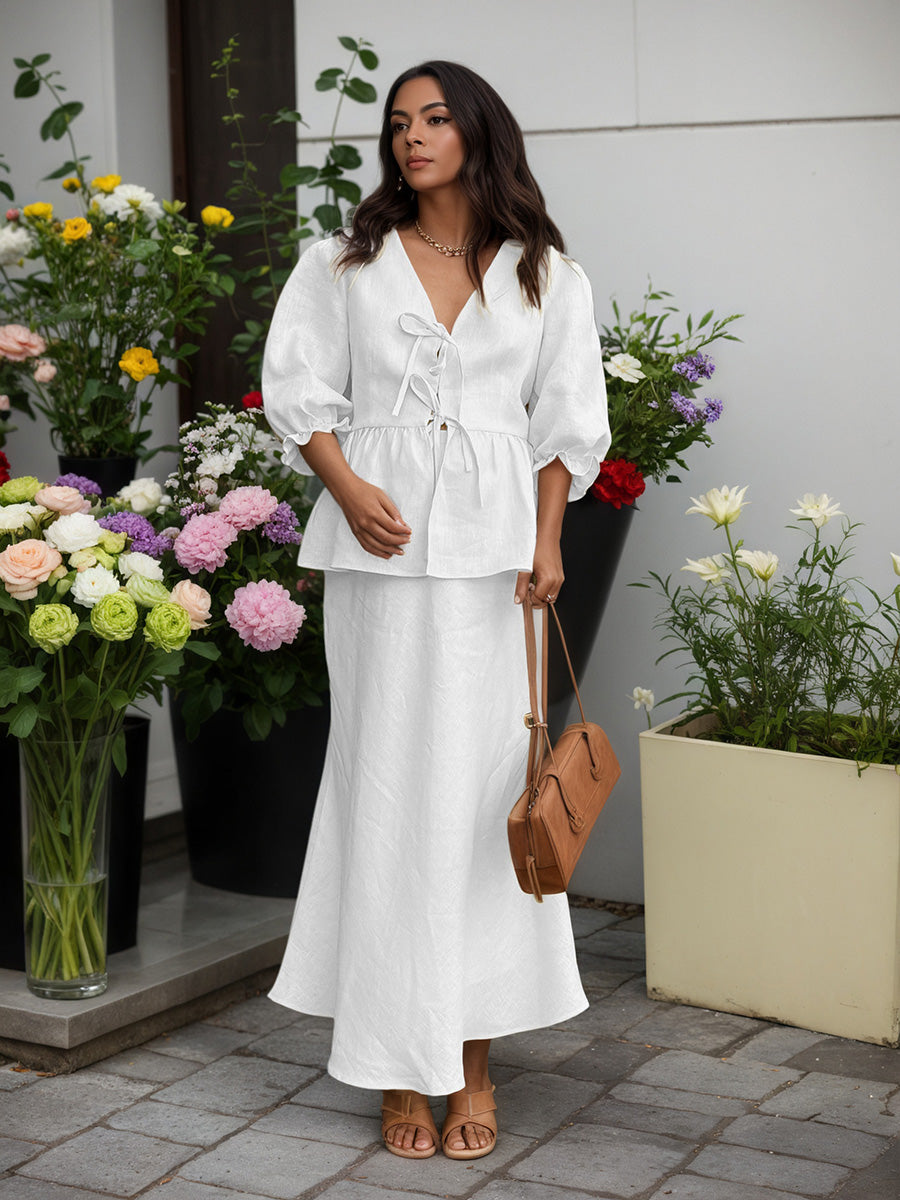 White V-Neck Short Sleeves Midi Skirt Ensemble Ruffled Wedding Guest Dresses Suits