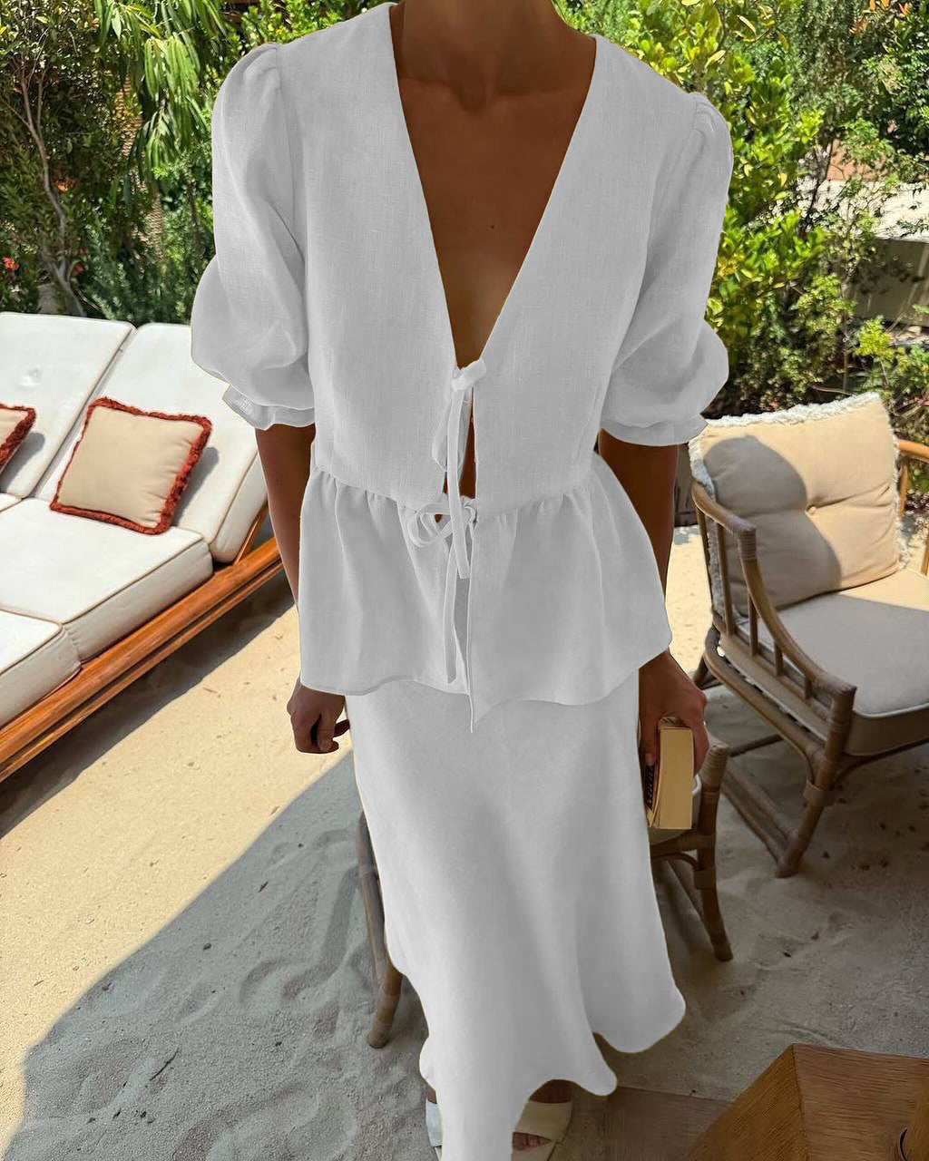 White V-Neck Short Sleeves Midi Skirt Ensemble Ruffled Wedding Guest Dresses Suits