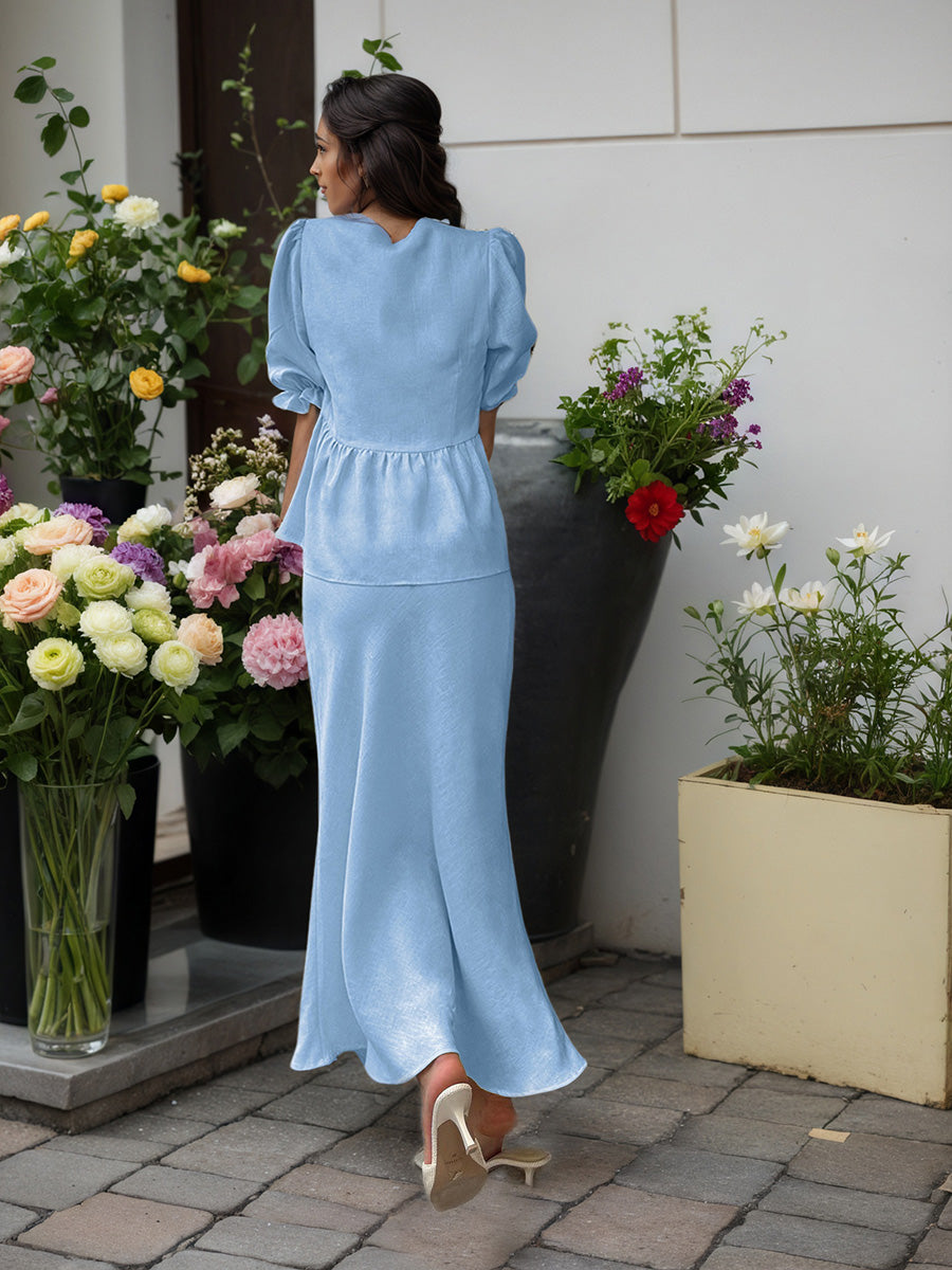 Sky Blue V-Neck Short Sleeves Midi Skirt Ensemble Ruffled Wedding Guest Dresses Suits
