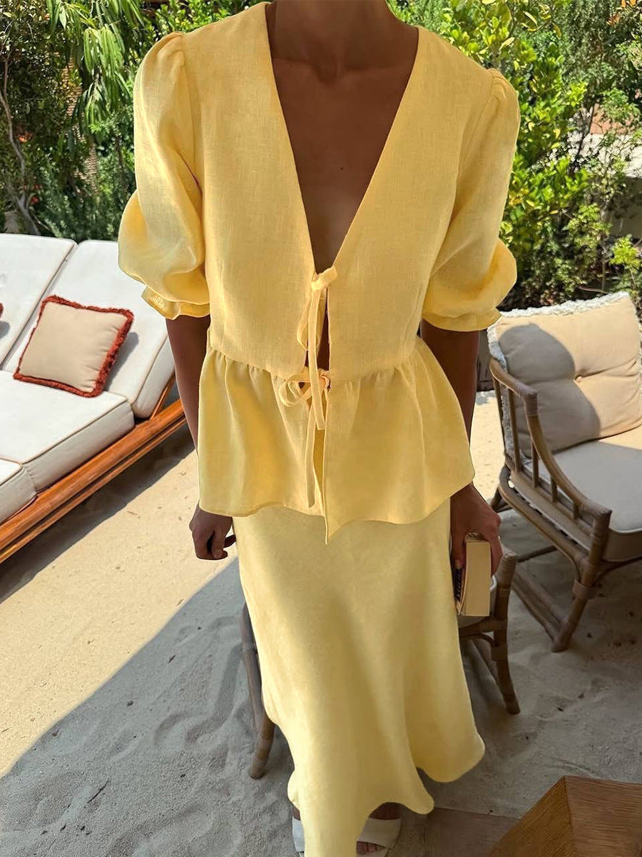 Yellow V-Neck Short Sleeves Midi Skirt Ensemble Ruffled Wedding Guest Dresses Suits