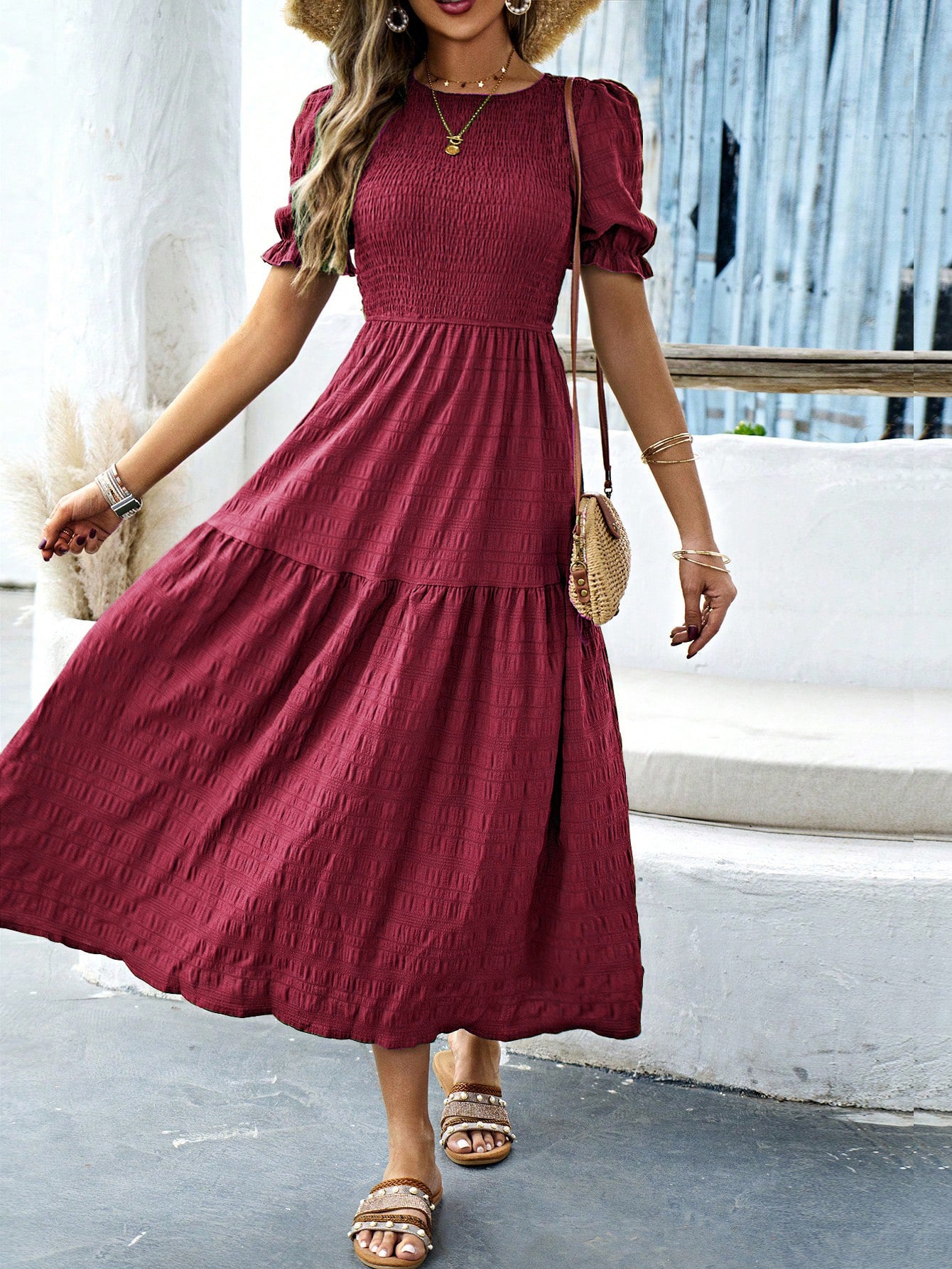 Burgundy Short Sleeves Wedding Guest Dress