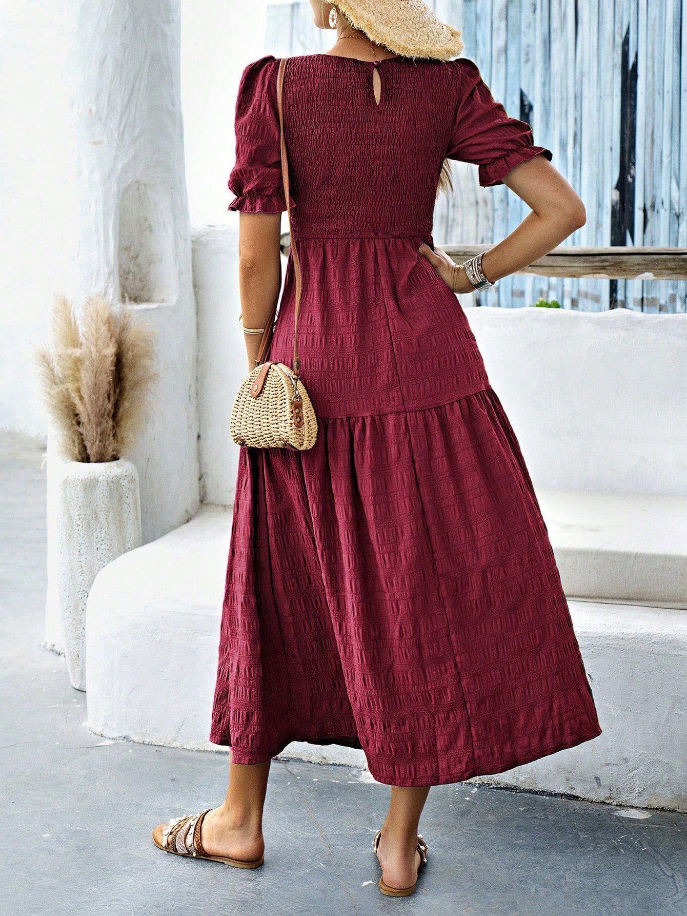 Burgundy Short Sleeves Wedding Guest Dress