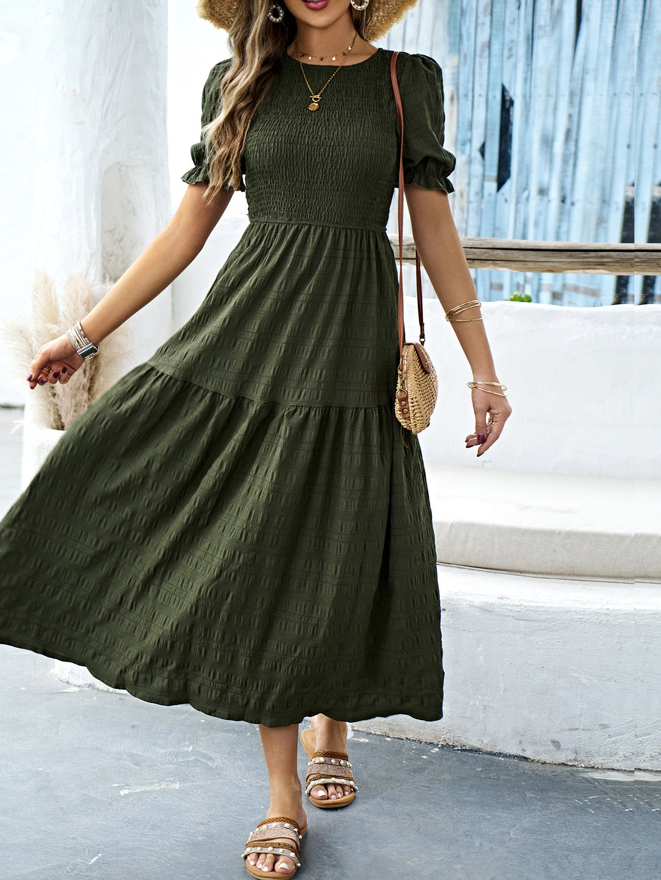 Dark Olive Green Short Sleeves Wedding Guest Dress