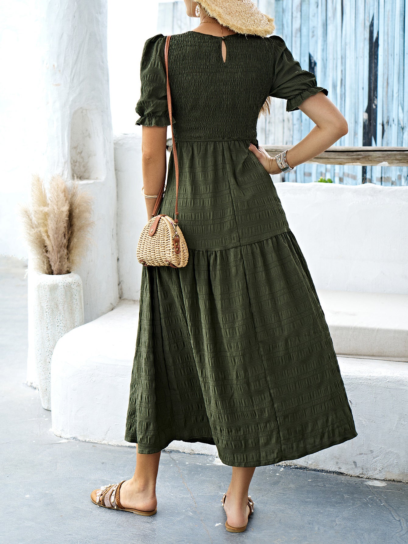 Dark Olive Green Short Sleeves Wedding Guest Dress