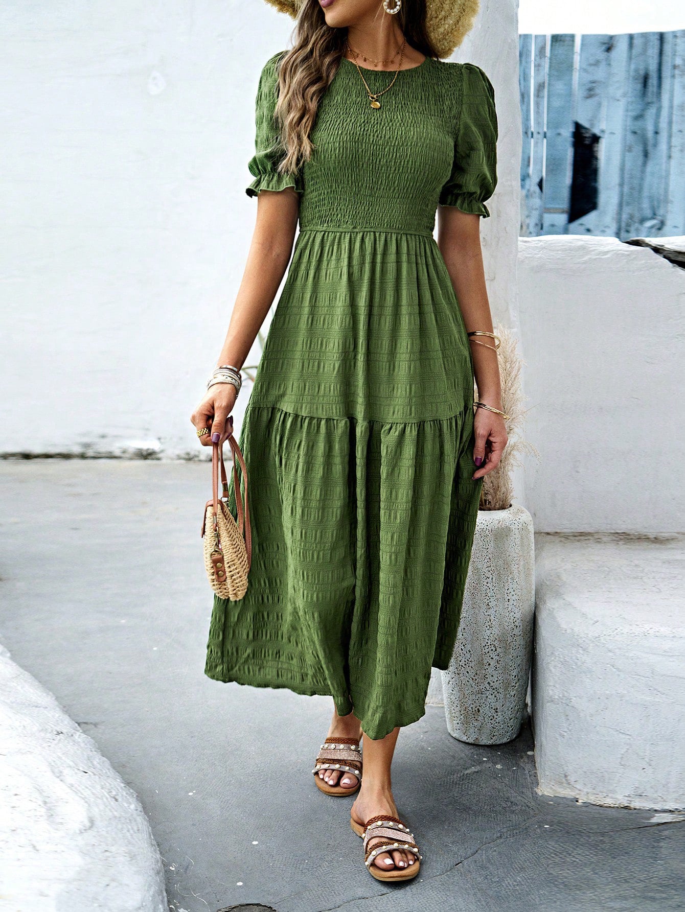 Olive Green Short Sleeves Wedding Guest Dress