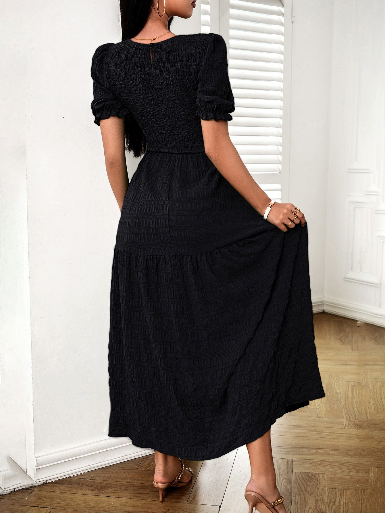 Black Short Sleeves Wedding Guest Dress