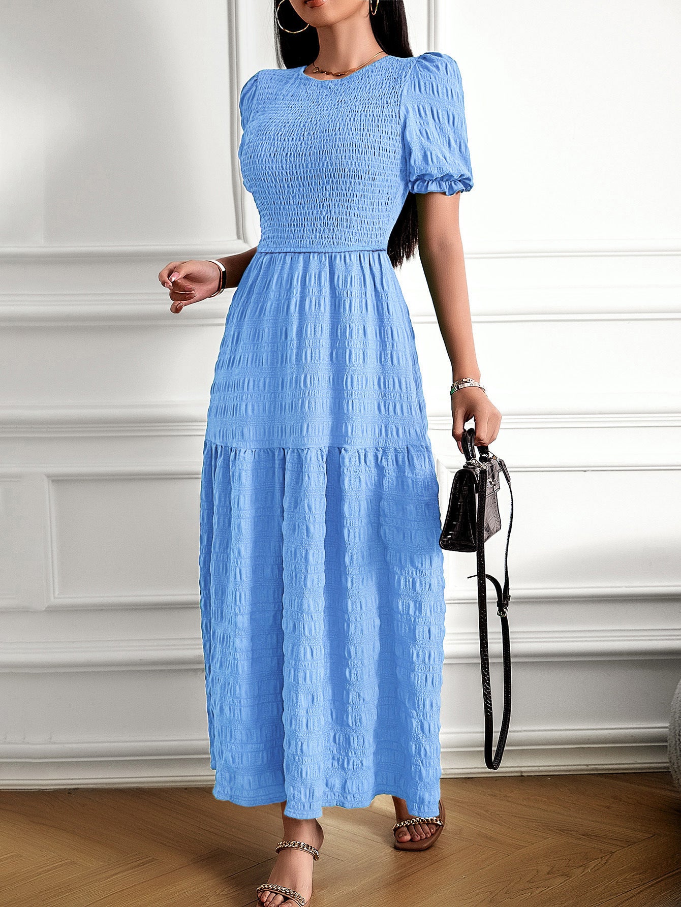 Blue Short Sleeves Wedding Guest Dress