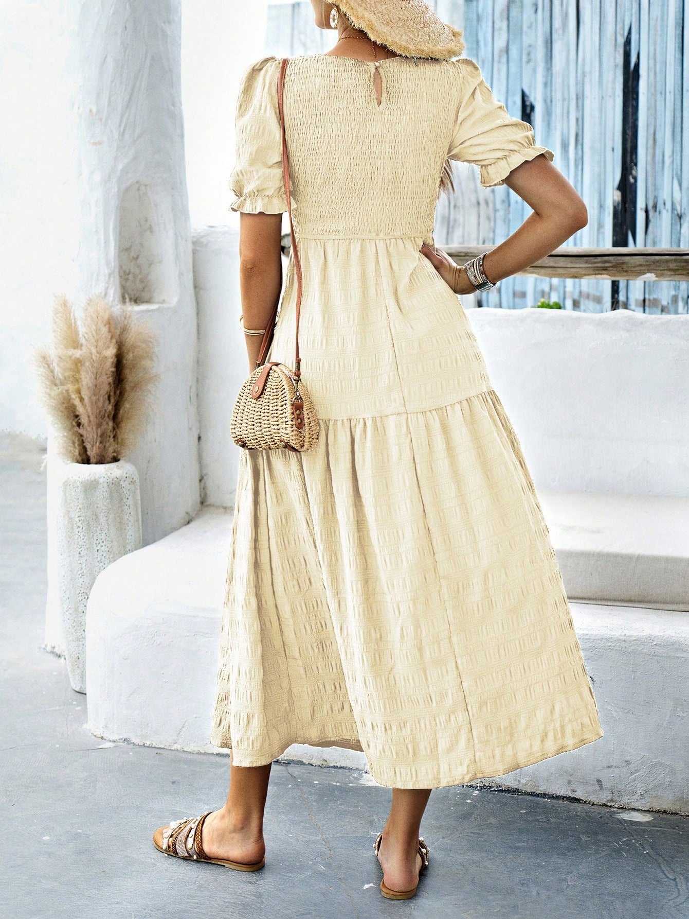 Apricot Short Sleeves Wedding Guest Dress