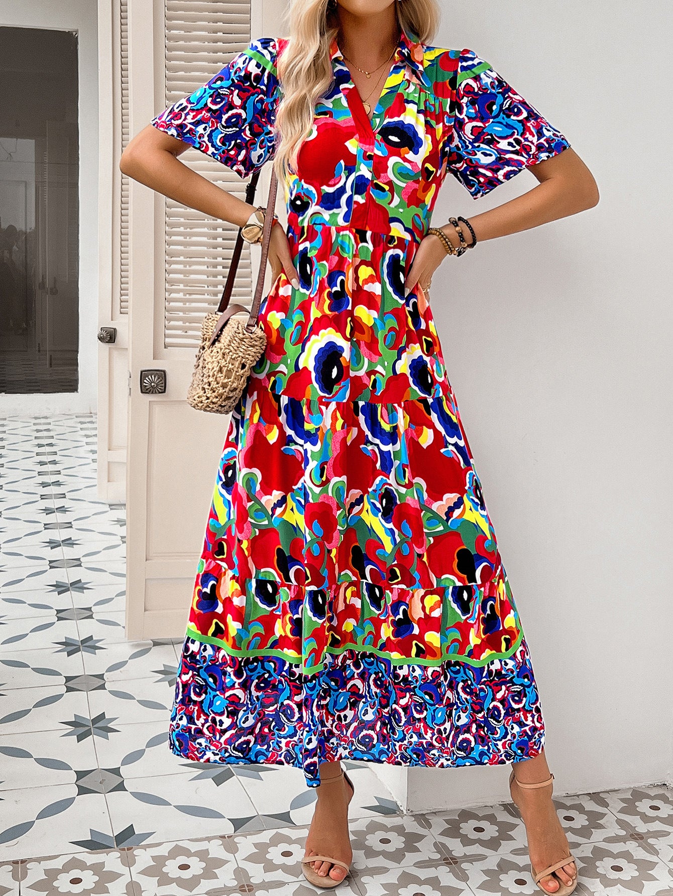 Contrast Print Navy Blue Short Sleeves V-Neck Wedding Guest Dress