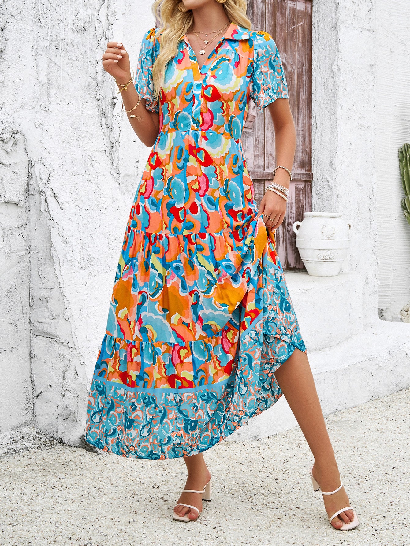 Contrast Print Jade Short Sleeves V-Neck Wedding Guest Dress