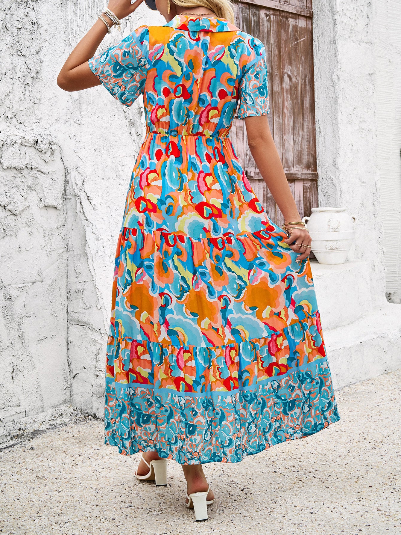 Contrast Print Jade Short Sleeves V-Neck Wedding Guest Dress