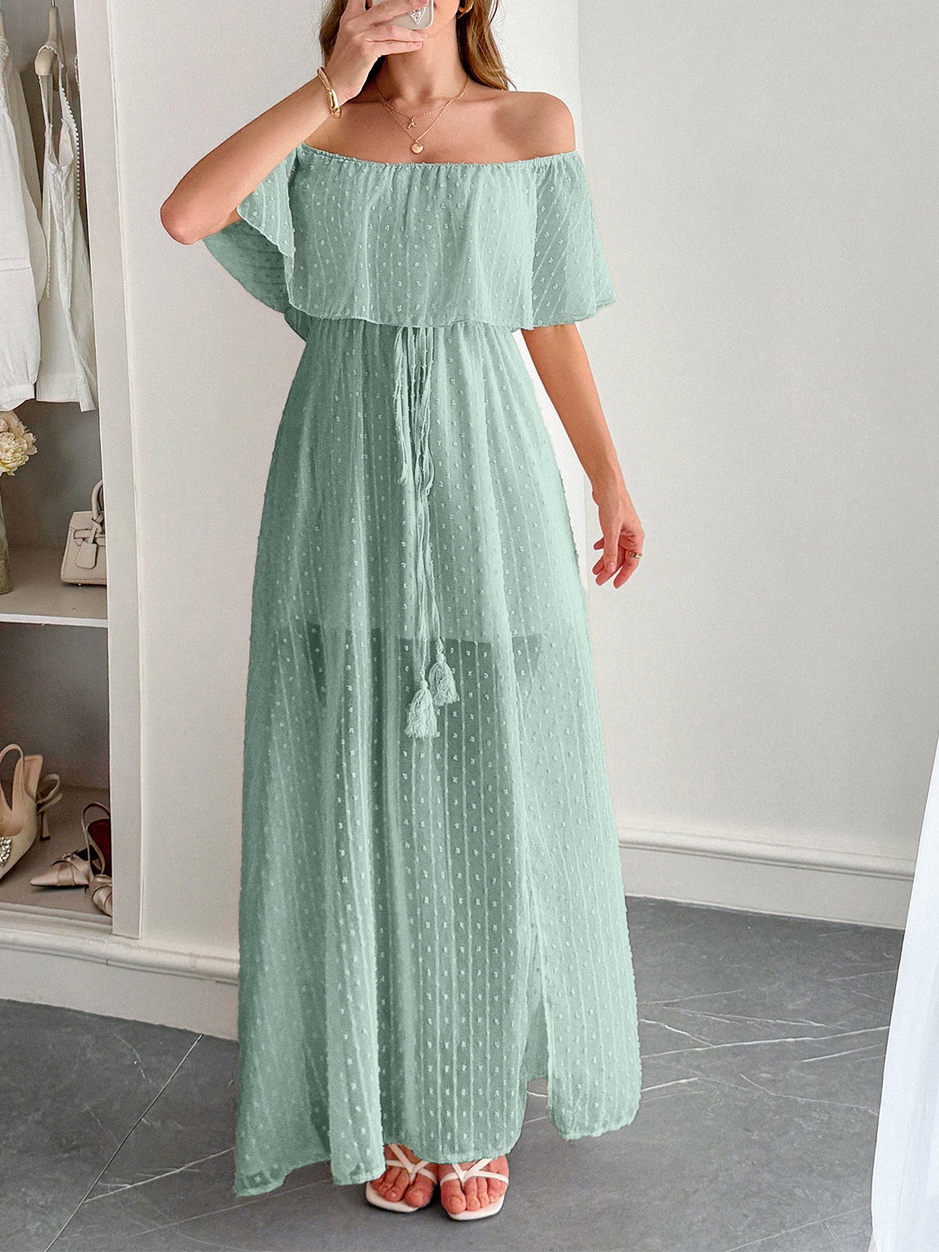 Celadon Off The Shoulder Tulle Wedding Guest Dress