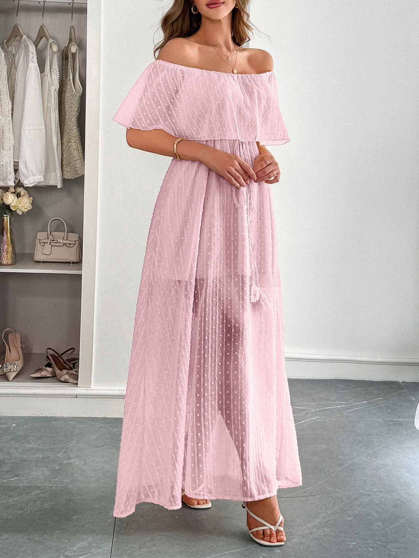 Pink Off The Shoulder Tulle Wedding Guest Dress