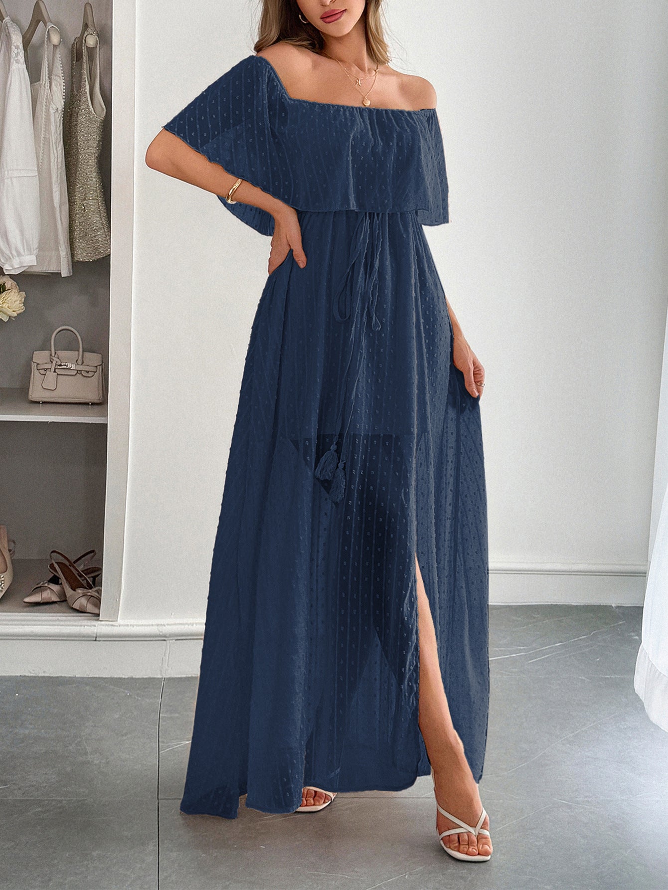 Dark Navy Off The Shoulder Tulle Wedding Guest Dress
