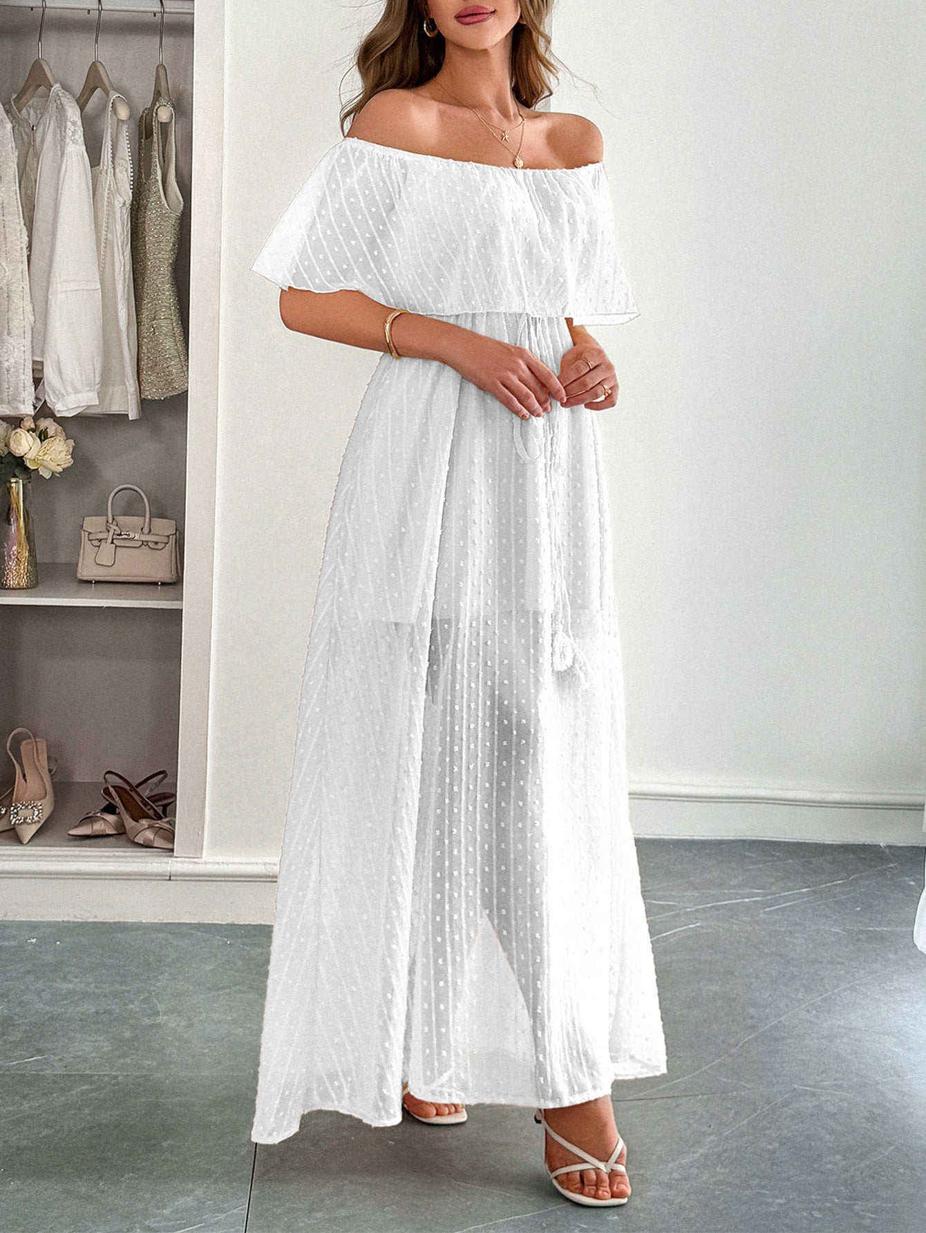 White Off The Shoulder Tulle Wedding Guest Dress
