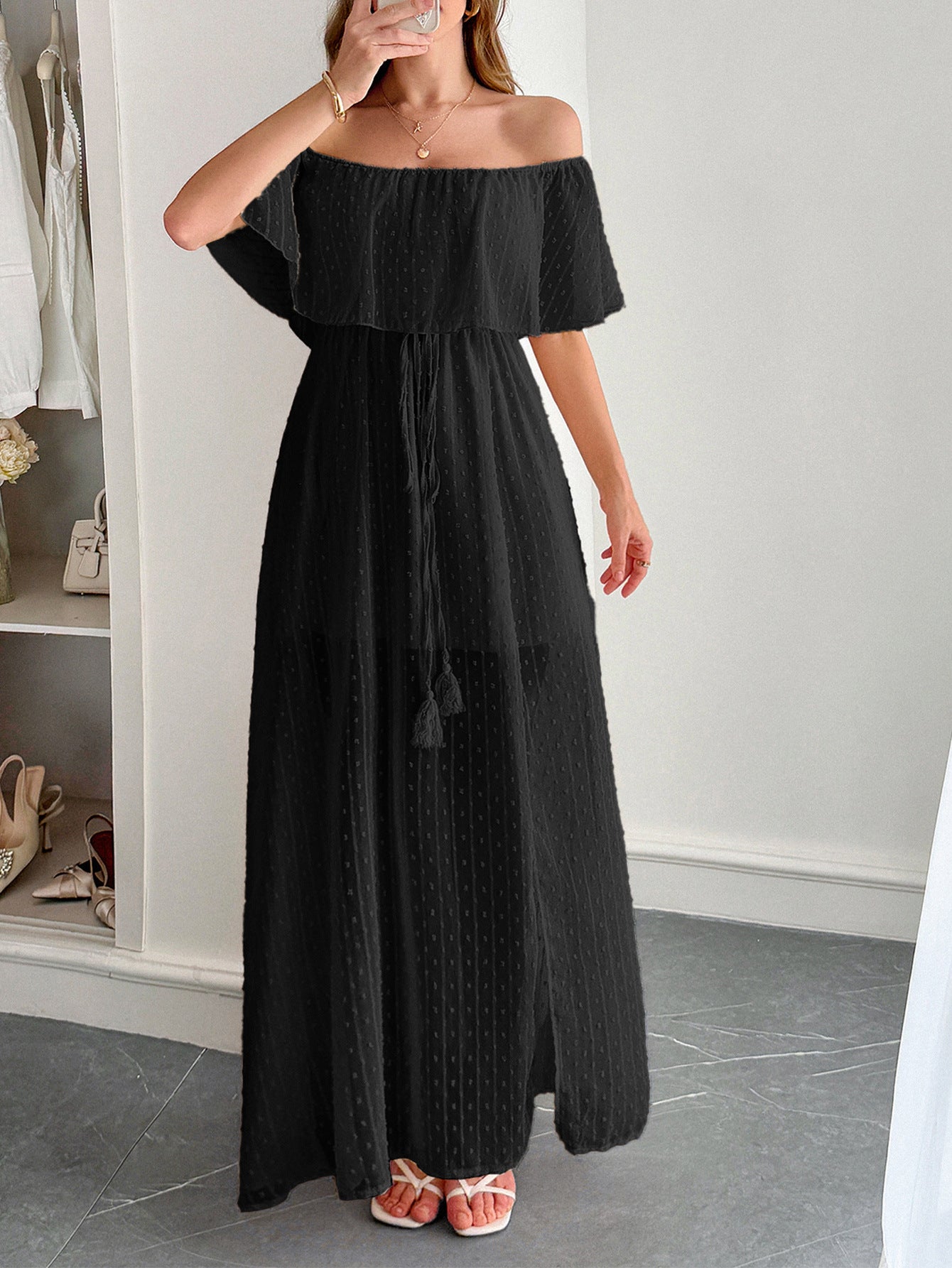 Black Off The Shoulder Tulle Wedding Guest Dress