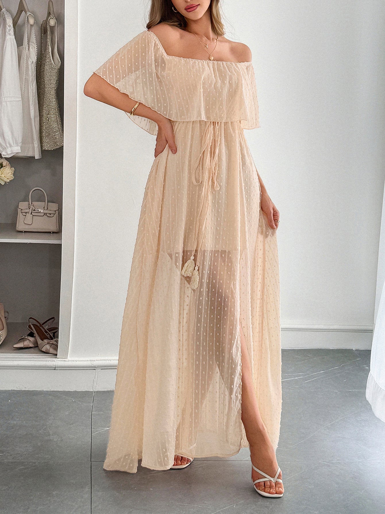 Peach Off The Shoulder Tulle Wedding Guest Dress