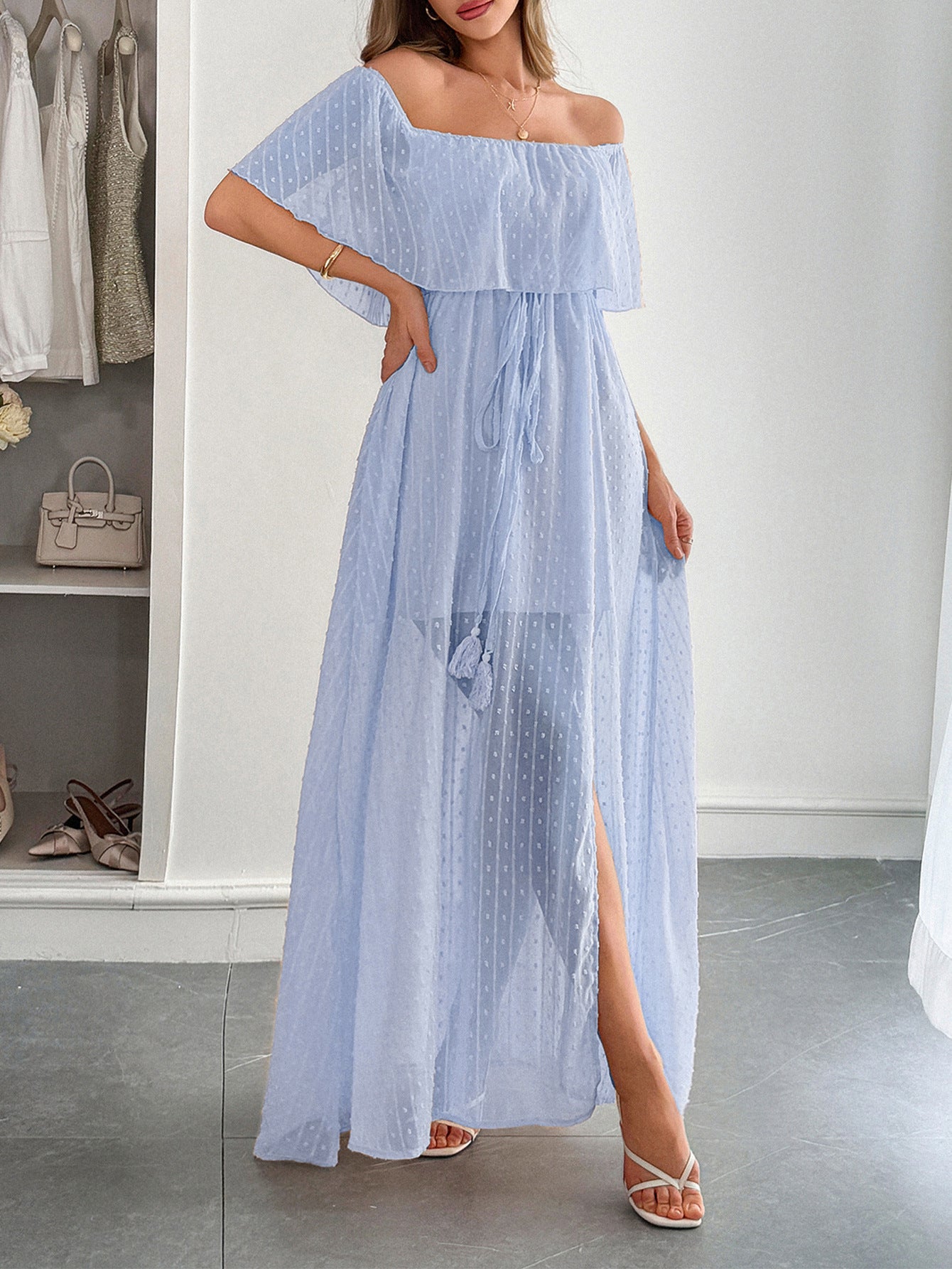 Blue Off The Shoulder Tulle Wedding Guest Dress