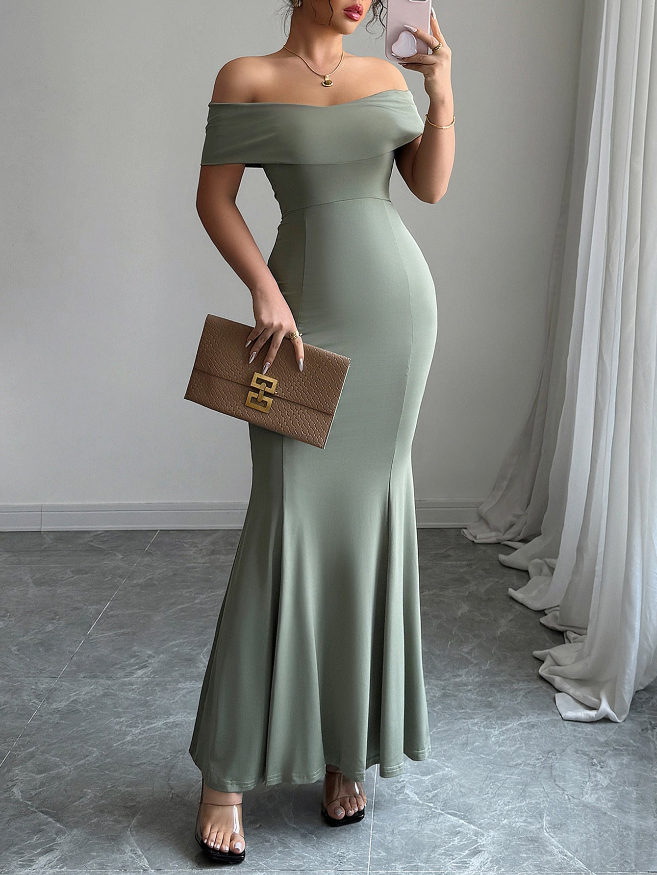 Trumpet/Mermaid Bodycon Off the Shoulder Dusty Sage Wedding Guest Dress