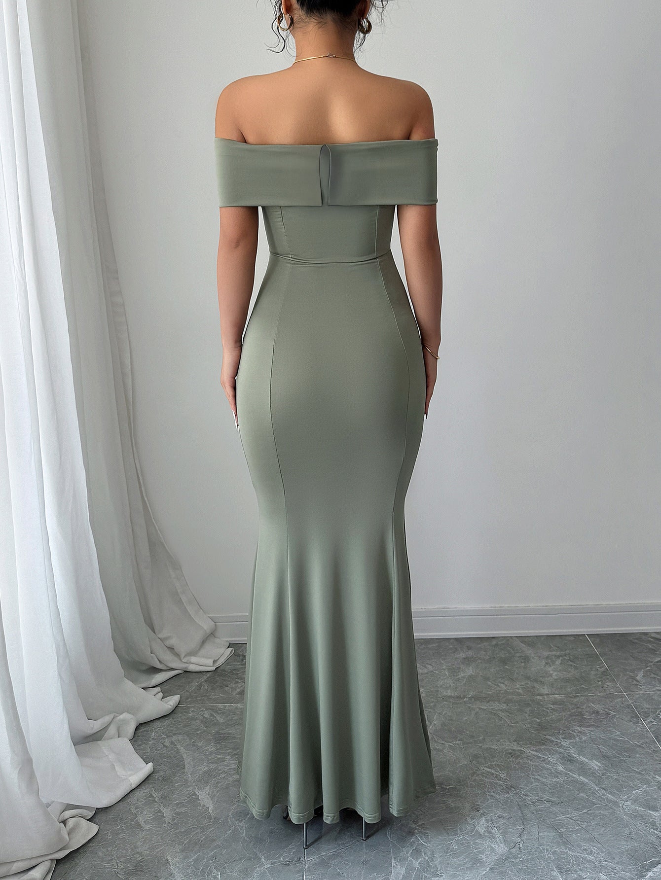 Trumpet/Mermaid Bodycon Off the Shoulder Dusty Sage Wedding Guest Dress