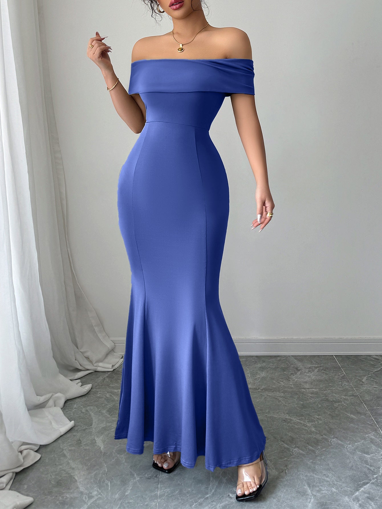 Trumpet/Mermaid Bodycon Off the Shoulder Blue Wedding Guest Dress